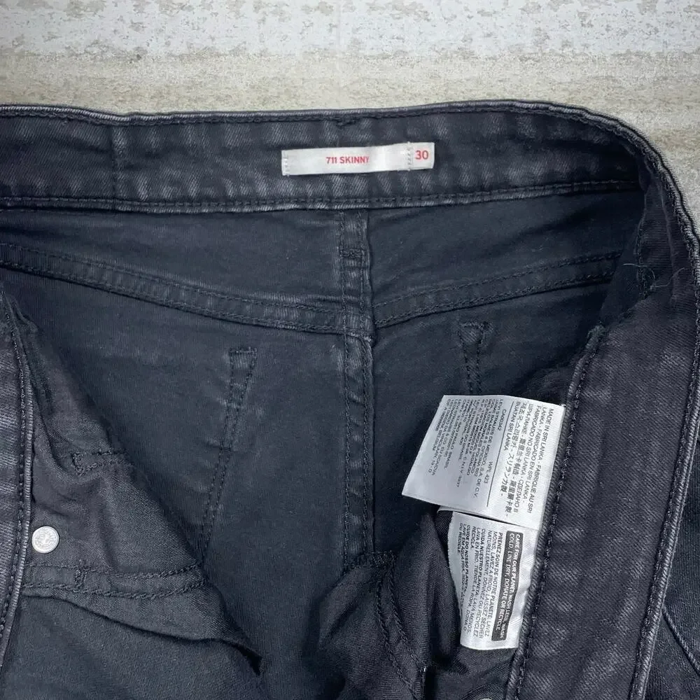 Vintage Y2K Levis Jeans 711 30x26 Skinny Fit Jet Black Wash Denim Black Tab - Picture 5 of 6